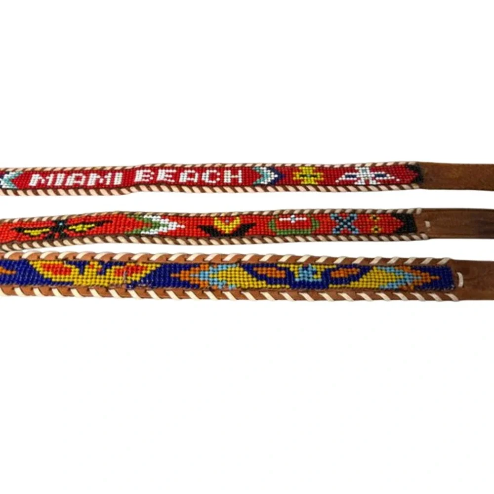 Beaded Leather Belts Kids or Adult XS Brown Tan Lot of 3 Vintage Western Boho
